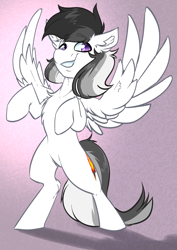 Size: 2152x3032 | Tagged: safe, artist:witchtaunter, imported from derpibooru, oc, oc:campfire glow, pegasus, pony, bipedal, chest fluff, commission, ear fluff, flapping wings, gradient background, male, on hind legs, solo, spread wings, stallion, wings