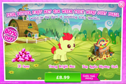 Size: 1962x1300 | Tagged: safe, imported from derpibooru, bright mac, earth pony, pony, advertisement, apple, bucket, bush, cart, colt, costs real money, english, foal, food, gameloft, gem, male, mobile game, my little pony: magic princess, numbers, official, sale, solo, solo focus, stallion, text, wheel, young, zap apple