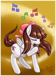 Size: 1128x1530 | Tagged: safe, artist:pigixd, imported from derpibooru, oc, oc only, pegasus, pony, bow, eyes closed, hair bow, hoof hold, music notes, pegasus oc, signature, solo, wings