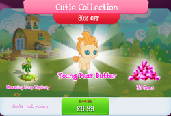 Size: 1268x861 | Tagged: safe, imported from derpibooru, pear butter, earth pony, pony, bundle, bush, costs real money, english, female, filly, filly pear butter, flower, foal, gameloft, gem, greedloft, mare, mobile game, my little pony: magic princess, numbers, official, sale, solo, solo focus, text, young