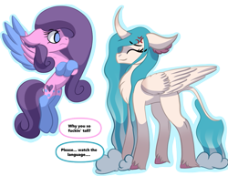 Size: 1047x810 | Tagged: safe, artist:brybrychan, imported from derpibooru, oc, oc only, oc:misty, alicorn, pony, alicorn oc, chest fluff, coat markings, cross-popping veins, crossed arms, dialogue, duo, emanata, flying, horn, simple background, smiling, socks (coat markings), transparent background, vulgar, wings