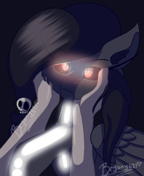 Size: 950x1159 | Tagged: safe, artist:brybrychan, imported from derpibooru, oc, oc only, pegasus, pony, cheek squish, glowing, glowing eyes, male, offscreen character, pegasus oc, pov, signature, skull, squishy cheeks, stallion, wings