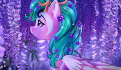 Size: 2500x1450 | Tagged: safe, artist:fluffywhirlpool, imported from derpibooru, oc, oc only, oc:youmiko, pegasus, pony, antlers, bust, commission, ear fluff, female, flower, flower in hair, green mane, lilac, looking at something, mare, partially open wings, pegasus oc, red eyes, solo, wings
