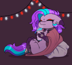 Size: 1100x1000 | Tagged: safe, artist:purplegrim40, imported from derpibooru, oc, oc only, anthro, earth pony, unguligrade anthro, animated, blanket, chocolate, christmas, christmas lights, commission, earth pony oc, eyes closed, floppy ears, food, gif, holiday, hot chocolate, solo, ych result