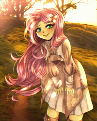 Size: 691x865 | Tagged: safe, artist:granatty, imported from derpibooru, fluttershy, human, equestria girls, clothes, dress, female, outdoors, smiling, solo
