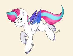 Size: 1800x1400 | Tagged: safe, artist:nathegar, imported from derpibooru, zipp storm, pegasus, pony, colored wings, eyebrows, female, g5, gradient wings, looking at you, mare, multicolored wings, signature, simple background, smiling, smiling at you, solo, unshorn fetlocks, wings, yellow background