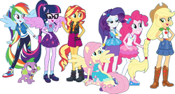 Size: 1148x619 | Tagged: safe, edit, edited screencap, imported from derpibooru, screencap, applejack, fluttershy, pinkie pie, rainbow dash, rarity, sci-twi, spike, spike the regular dog, sunset shimmer, twilight sparkle, dog, human, equestria girls, equestria girls series, background removed, converse, female, humane five, humane seven, humane six, male, ponied up, shoes, simple background, transparent background, wings