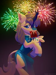 Size: 463x618 | Tagged: safe, artist:rrd-artist, imported from derpibooru, oc, oc only, oc:frosty tundra, kirin, rabbit, animal, bipedal, cheongsam, chinese new year, clothes, commission, dress, fireworks, kirin oc, looking at you, mouth hold, plushie, solo