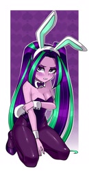 Size: 1200x2300 | Tagged: safe, artist:nekojackun, imported from derpibooru, aria blaze, human, siren, equestria girls, blushing, breasts, bunny ears, bunny suit, busty aria blaze, cleavage, clothes, embarrassed, frown, kneeling, looking at you, pigtails, socks, solo, stockings, teeth, thigh highs