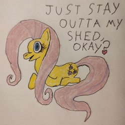 Size: 2872x2880 | Tagged: safe, artist:captain conundrum, fluttershy, .mov, shed.mov, /bale/, fluttershed, missing wing, solo, stay out of my shed, traditional art