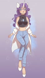 Size: 1185x2048 | Tagged: safe, artist:brot-art, imported from derpibooru, rarity, human, belly button, breasts, clothes, coat, denim, eared humanization, female, flats, horn, horned humanization, humanized, jeans, jewelry, midriff, necklace, pants, shoes, short shirt, sleeveless, sleeveless sweater, sleeveless turtleneck, solo, sweater