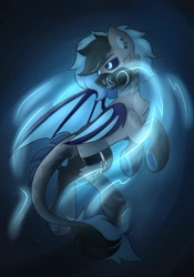 Size: 1400x2000 | Tagged: safe, artist:nathegar, imported from derpibooru, oc, oc:tonic, dracony, dragon, hybrid, pony, accessory, aura, black sclera, blue eyes, glowing, glowing eyes, mask, respirator, solo, tail, two toned mane, two toned tail, wings