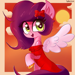 Size: 2048x2048 | Tagged: safe, artist:thebigstuff89, imported from derpibooru, pipp petals, pegasus, pony, adorapipp, alternate hairstyle, bow, clothes, cute, dress, female, flamenco dress, g5, hair bow, heart, heart eyes, looking at you, mare, open mouth, open smile, raised hoof, smiling, smiling at you, solo, sunset, wingding eyes, wings