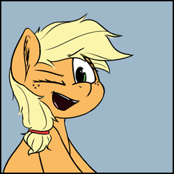 Size: 875x875 | Tagged: safe, artist:pinkberry, imported from derpibooru, applejack, colored sketch, cute, doodle, female, filly, filly applejack, foal, jackabetes, looking at you, one eye closed, sketch, smiling, tooth gap, wink, winking at you, younger