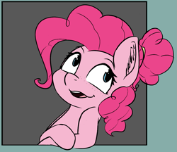 Size: 1065x920 | Tagged: safe, artist:pinkberry, imported from derpibooru, pinkie pie, alternate hairstyle, colored sketch, doodle, hair bun, leaning, looking back, sketch, smiling, smirk