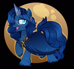 Size: 2048x1896 | Tagged: safe, artist:nathegar, imported from derpibooru, oc, oc only, pony, unicorn, base used, black background, blue coat, blue eyes, blue mane, blue tail, cape, clothes, crystal horn, glasses, horn, jewelry, moon, simple background, slit pupils, solo, tail, unicorn oc