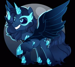 Size: 2048x1836 | Tagged: safe, artist:nathegar, imported from derpibooru, oc, oc only, alicorn, pony, base used, black background, black sclera, blue coat, blue mane, blue tail, crystal, crystal horn, evil grin, glowing, glowing eyes, grin, horn, moon, raised hoof, simple background, smiling, solo, spread wings, tail, wings