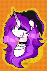 Size: 1000x1500 | Tagged: safe, artist:nathegar, imported from derpibooru, oc, oc only, pony, unicorn, accessory, bust, choker, eyeshadow, golden eyes, hat, horn, makeup, one eye closed, purple mane, simple background, solo, unicorn oc, wink, witch hat