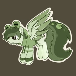 Size: 2000x2000 | Tagged: safe, artist:nathegar, imported from derpibooru, oc, oc only, pegasus, pony, brown background, brown eyes, clothes, flying, frog hoodie, green coat, green mane, green tail, hoodie, pegasus oc, simple background, solo, tail