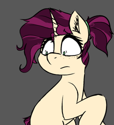 Size: 714x782 | Tagged: safe, artist:pinkberry, imported from derpibooru, oc, oc:mulberry merlot, pony, unicorn, bipedal, female, gray background, grossed out, mare, simple background, solo, worried