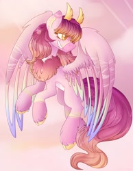 Size: 1586x2048 | Tagged: safe, artist:nathegar, imported from derpibooru, oc, oc only, pegasus, pony, cloud, colored wings, flying, golden eyes, gradient mane, gradient tail, gradient wings, pegasus oc, pink coat, smiling, solo, tail, unshorn fetlocks, wings