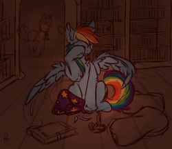 Size: 604x521 | Tagged: safe, artist:rain_537, imported from derpibooru, rainbow dash, pegasus, pony, book, bookshelf, candle, pillow, sitting, sketch, sleepy, spread wings, wings