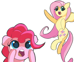 Size: 2460x2076 | Tagged: safe, artist:solid shrimp, imported from derpibooru, fluttershy, pinkie pie, earth pony, pegasus, pony, duo, duo female, female, flying, mare, meme, open mouth, pointing, ponified meme, simple background, soyjak, transparent background, wojak