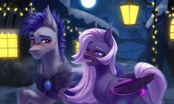 Size: 3700x2200 | Tagged: safe, artist:fenwaru, imported from derpibooru, oc, oc:lilac night, oc:thunder run, bat pony, bat pony oc, fangs, moon, night, open mouth, smiling