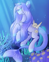 Size: 1638x2048 | Tagged: safe, artist:nathegar, imported from derpibooru, oc, oc only, hybrid, merpony, sea pony, unicorn, blue mane, bubble, coral, crepuscular rays, digital art, fish tail, glowing, glowing eyes, horn, ocean, seaweed, shell, smiling, solo, sunlight, swimming, tail, underwater, water