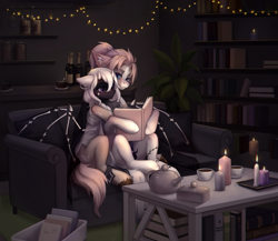 Size: 4000x3466 | Tagged: safe, artist:inarimayer, imported from derpibooru, oc, oc only, pony, book, bookshelf, bottle, candle, couch, cuddling, duo, horns, plant, plant pot, string lights, teapot, wine bottle