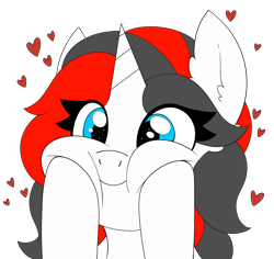 Size: 2600x2452 | Tagged: artist needed, source needed, safe, imported from derpibooru, oc, oc only, oc:starforce fireline, pony, unicorn, adorable face, blue eyes, cheek bulge, cheek squish, cute, eyelashes, female, floating heart, heart, hooves, hooves on cheeks, horn, looking at something, mare, simple background, smiling, solo, squishy cheeks, transparent background, unicorn oc