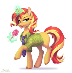 Size: 1090x1109 | Tagged: source needed, safe, artist:sparkling_light, imported from derpibooru, sunset shimmer, pony, unicorn, :p, candy, clothes, cosplay, costume, ear fluff, food, glowing, glowing horn, hawaiian shirt, horn, levitation, looking at you, magic, magic aura, missing cutie mark, necktie, nick wilde, popsicle, raised hoof, shirt, simple background, solo, telekinesis, tongue out, white background, zootopia