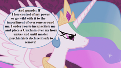 Size: 1280x720 | Tagged: safe, edit, edited screencap, imported from derpibooru, screencap, princess celestia, alicorn, pony, the cutie re-mark, alternate timeline, crystal war timeline, implied daybreaker, implied guards, jewelry, offscreen character, peytral, solo, speech, speech bubble, talking, tiara