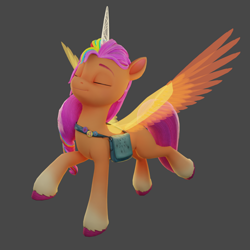 Size: 1920x1920 | Tagged: safe, artist:anthonystt, imported from derpibooru, sunny starscout, alicorn, earth pony, pony, 3d, artificial horn, artificial wings, augmented, bag, blender, coat markings, cute, eyes closed, female, fluttershy's cutie mark, g5, gray background, happy, horn, magic, magic horn, magic wings, mare, race swap, rainbow dash's cutie mark, saddle bag, simple background, smiling, socks (coat markings), solo, sunnycorn, twilight sparkle's cutie mark, unshorn fetlocks, wings