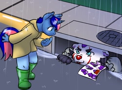 Size: 1280x951 | Tagged: safe, artist:ketzel99, imported from derpibooru, oc, oc:ryo, anthro, boots, clothes, clown, clowns, it, pennywise, rain, raincoat, shoes, solo, storm drain