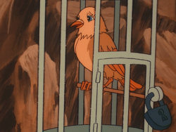 Size: 960x720 | Tagged: safe, imported from derpibooru, screencap, bird, my little pony 'n friends, somnambula (episode), birdcage, cage, canary, female, g1, kyrie, solo