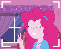 Size: 2500x2000 | Tagged: safe, artist:reinbou, imported from derpibooru, pinkie pie, human, equestria girls, camera shot, eyes closed, peace sign, smiling, solo