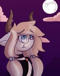 Size: 719x909 | Tagged: safe, artist:nathegar, imported from derpibooru, oc, oc only, pony, clothes, cloud, commission, fangs, female, glasses, horns, looking up, mare, moon, night, round glasses, solo