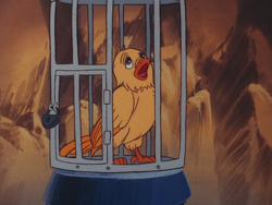 Size: 960x720 | Tagged: safe, imported from derpibooru, screencap, bird, my little pony 'n friends, somnambula (episode), birdcage, cage, canary, female, g1, kyrie, solo