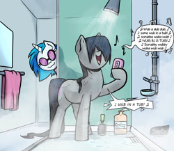 Size: 1657x1440 | Tagged: safe, artist:shieltar, imported from derpibooru, dj pon-3, octavia melody, vinyl scratch, earth pony, pony, unicorn, bathroom, dialogue, duo, female, hair over eyes, mare, music notes, open mouth, open smile, shower, showering, singing, singing in the shower, smiling, soap, solo focus, speech bubble, sunglasses, towel, wet, wet mane, wub
