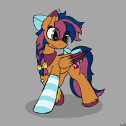 Size: 2000x2000 | Tagged: safe, artist:monycaalot, imported from derpibooru, oc, oc only, oc:solar comet, pegasus, pony, bow, braid, clothes, colored sketch, disguised changedling, eyelashes, hair bow, male, pegasus oc, pony oc, socks, solo, striped socks, tail, tail bow, trap