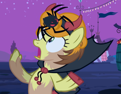 Size: 1400x1080 | Tagged: safe, artist:anonymous, edit, edited screencap, imported from derpibooru, screencap, carrot top, golden harvest, spider, luna eclipsed, clothes, costume, human to pony, night, nightmare night, show accurate, transformation