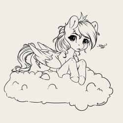 Size: 4000x4000 | Tagged: safe, artist:miokomata, imported from derpibooru, rainbow dash, pegasus, pony, absurd resolution, cloud, cute, dashabetes, female, grayscale, lineart, looking at you, lying down, lying on a cloud, mare, monochrome, on a cloud, prone, simple background, solo, talking to viewer, white background