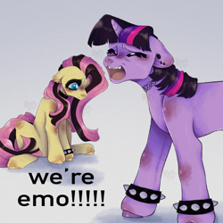 Size: 2800x2800 | Tagged: safe, artist:permafox, imported from derpibooru, fluttershy, twilight sparkle, pony, unicorn, crying, duo, emo, female, mare, meme, sad, unicorn twilight, we're emo