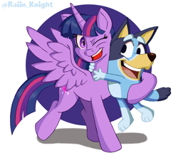 Size: 2016x1789 | Tagged: safe, artist:raiin_knight, imported from derpibooru, twilight sparkle, alicorn, dog, pony, australian cattle dog, bluey, bluey heeler, crossover, duo, duo male and female, eyebrows, female, hug, male, mare, one eye closed, purple eyes, signature, simple background, spread wings, twilight sparkle (alicorn), white background, wings