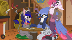 Size: 1920x1080 | Tagged: safe, artist:facelessjr, imported from derpibooru, oc, oc only, oc:gaela, oc:rib, oc:turnip, anthro, bird, blue jay, donkey, griffon, parrot, banner, barrel, barrels, beak, bowtie, chest fluff, claws, clothes, coat, cushion, drill, female, hat, hooves, hug, nervous, nervous sweat, notepad, ornithian, painted nails, paws, pointing, raised tail, sitting, staircase, table, tail, talons, tavern, trio, trio female, winghug, wings, wooden floor