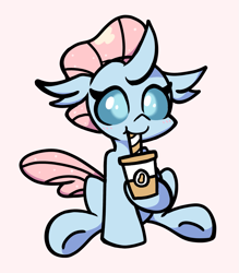 Size: 1221x1396 | Tagged: safe, artist:derp pone, derpibooru exclusive, imported from derpibooru, ocellus, changedling, changeling, blushing, coffee, cute, diaocelles, drink, drinking, female, food, pink background, simple background, sitting, smiling, solo, tea