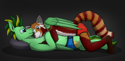 Size: 5980x2926 | Tagged: safe, artist:tacomytaco, imported from derpibooru, oc, oc only, oc:bramble, oc:taco.m.tacoson, pegasus, pony, red panda, briefs, clothes, cuddling, gradient background, hug, lying down, lying on top of someone, smiling, underwear, winghug, wings