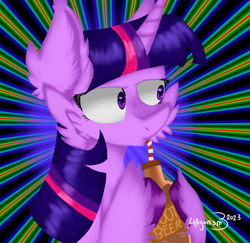 Size: 983x957 | Tagged: safe, artist:4agonism, derpibooru exclusive, imported from derpibooru, twilight sparkle, pony, unicorn, bubble, bust, cheek fluff, drink, drinking, drinking straw, ear fluff, female, fluffy, hoof hold, lidded eyes, mare, root beer, solo, straw, stripes, sunburst background, unicorn twilight, unshorn fetlocks