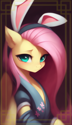 Size: 1024x1792 | Tagged: safe, editor:craft, imported from derpibooru, fluttershy, pegasus, pony, ai content, ai generated, bunny ears, chinese new year, clothes, cute, dress, generator:purplesmart.ai, generator:stable diffusion, shyabetes, solo